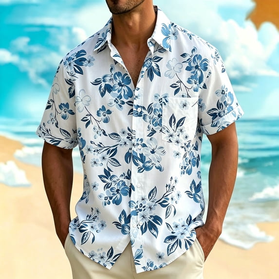 Yaoyar Men's Vibrant Hawaiian Print Short Sleeve Camp Collar Shirt Breathable Lightweight Summer Vacation Tee