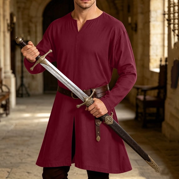 Yaoyar Men's Washed Cotton Medieval V Neck Long Sleeve Tunic, Renaissance Style Shirt for Halloween Costume Role Play