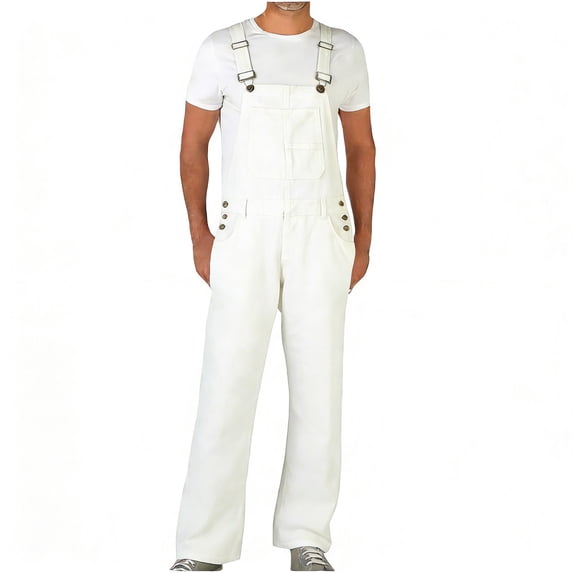 Yaoyar Men's Washed Denim Overalls with Chest Pocket Utility Workwear Style Durable Fabric Casual Overalls Long Pants,XL,White