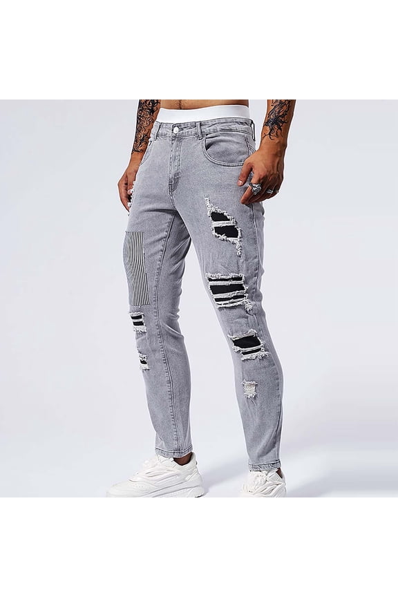 Men's Washed Distressed Patch Denim Jeans Solid Color with Pockets Stretch Slim Fit Tapered Ankle Casual Wear Denim Pants,30,Gray