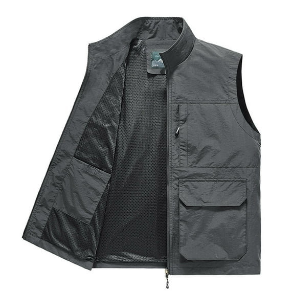 Yaoyar Men's Work Lightweight Photo Vest Fishing Travel Vest Softshell Standing Collar Causal Sleeveless Jacket Outerwear With Pockets Gray L