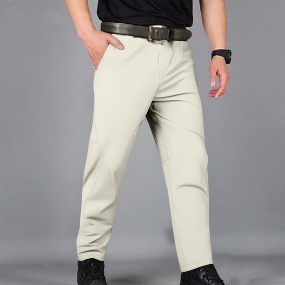 Yaoyar Men's Zipper Casual Trousers with Pocket Solid Color Outdoor Water Repellent Stretch Breathable Straight Leg for Hiking Wear Full Length Pants,XXXL,Khaki