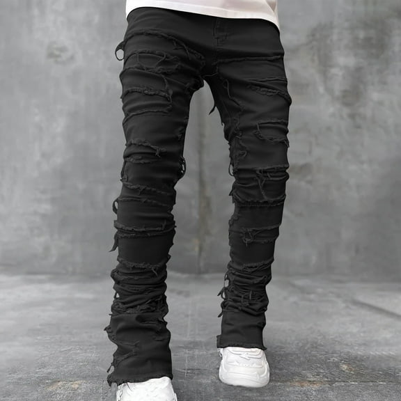 Yaoyar Men's Zipper Closure with Pockets Patch Design Elastic Patch Denim Straight Leg Pants Long Pants Black M