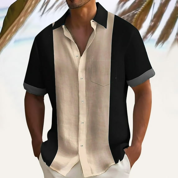 Yaoyar Men'sShort Sleeve Shirts Button Down Vintage Vercital Stripe Color Blocking Fashionable Oversized European Style Collar Cardigan Black,2XL