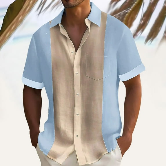 Yaoyar Men'sShort Sleeve Shirts Button Down Vintage Vercital Stripe Color Blocking Fashionable Oversized European Style Collar Cardigan Light Blue,3XL