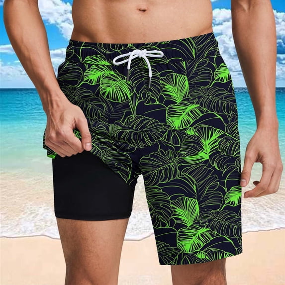 Yaoyar Mens 2 in 1 Swim Trunks, Drawstring Elastic Waist Bathing Suit Beach Shorts with Compression Liner & Pockets