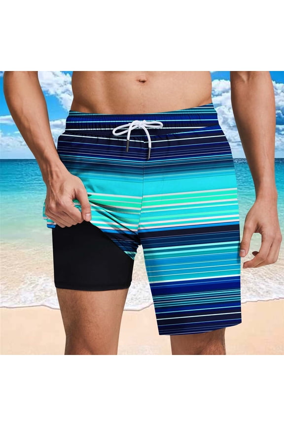 Mens 2 in 1 Swim Trunks, Drawstring Elastic Waist Bathing Suit Beach Shorts with Compression Liner & Pockets