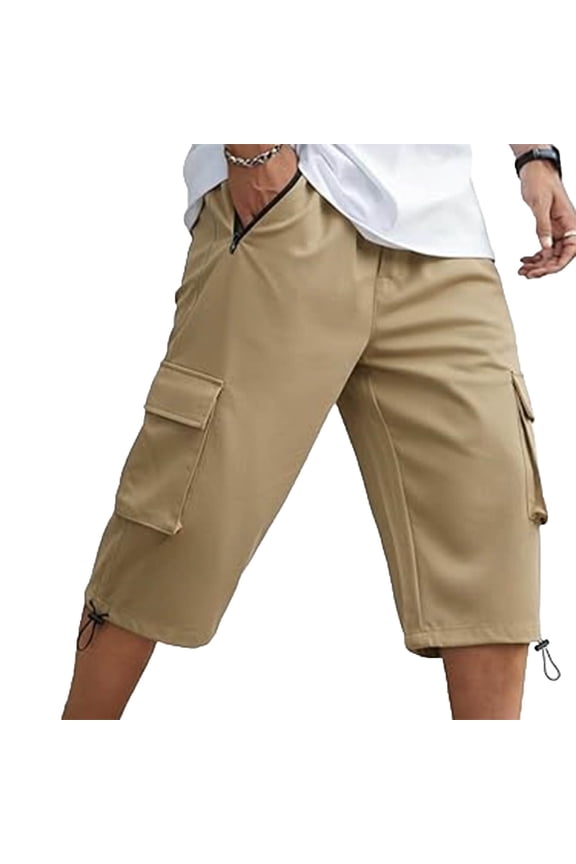Mens 3/4 Length Cargo Shorts Elastic Knee Long Shorts Relaxed Fit Hiking Capri Short with Zipper Mulit Pockets