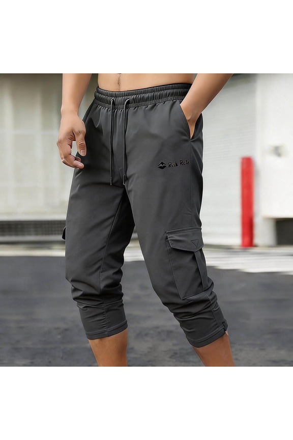 Mens 3/4 Pants Workout Jogger Yoga Capri Pants Drawstring Elastic Waist Pant with Multi Pockets for Running