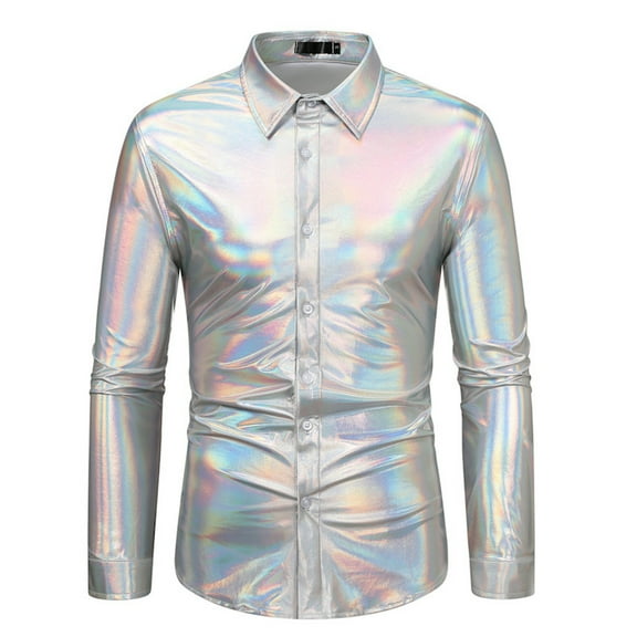 Yaoyar Mens 70S Disco Party Shirts Shiny Metallic Button Up Dress Shirt Men Nightclub Stage Singer Prom Man's Shirt