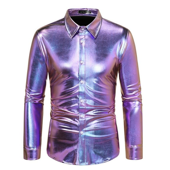 Yaoyar Mens 70S Disco Party Shirts Shiny Metallic Button Up Dress Shirt Men Nightclub Stage Singer Prom Man's Shirt