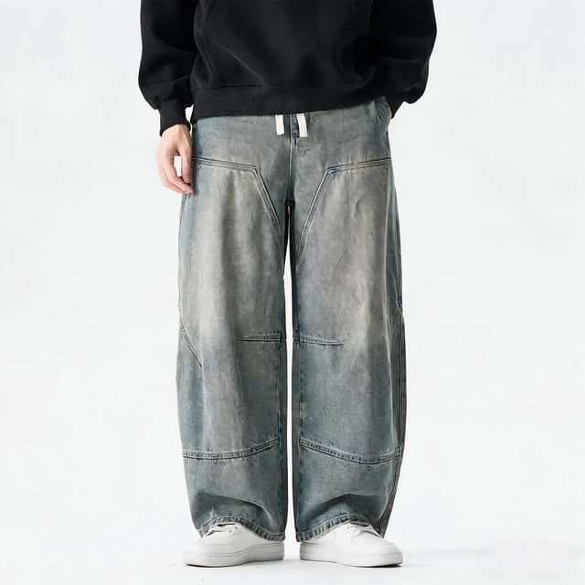 Yaoyar Mens Baggy Hip Hop Jeans Wide Leg Elastic Waist Skater Denim Pants Casual Loose Long Trouser Vintage Y2K Streetwear