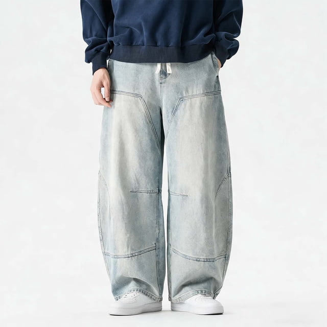 Yaoyar Mens Baggy Hip Hop Jeans Wide Leg Elastic Waist Skater Denim Pants Casual Loose Long Trouser Vintage Y2K Streetwear