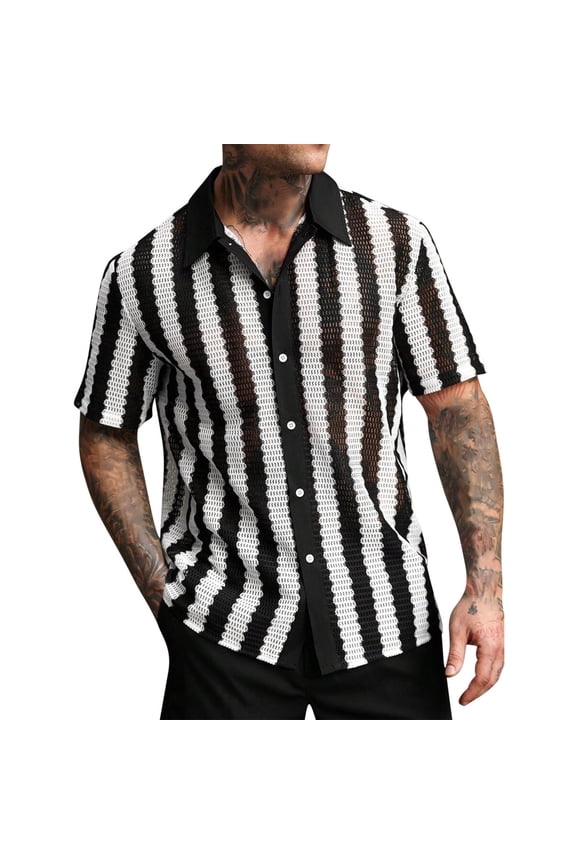 Mens Black and White Stripe Pattern Open Knit Short Sleeve Button Down Collar Shirt Ventilated Design Modern Style Short Sleeve Camp Shirt