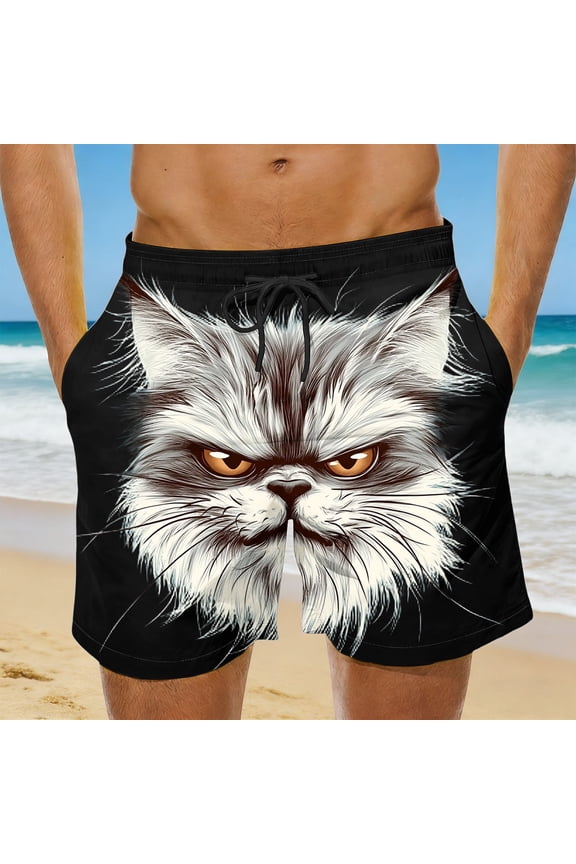 Mens Board Shorts Funny Face Frint Elastic Drawstring Waist Swim Trunk Summer Casual Beach Resort Stretch Bathing Suit