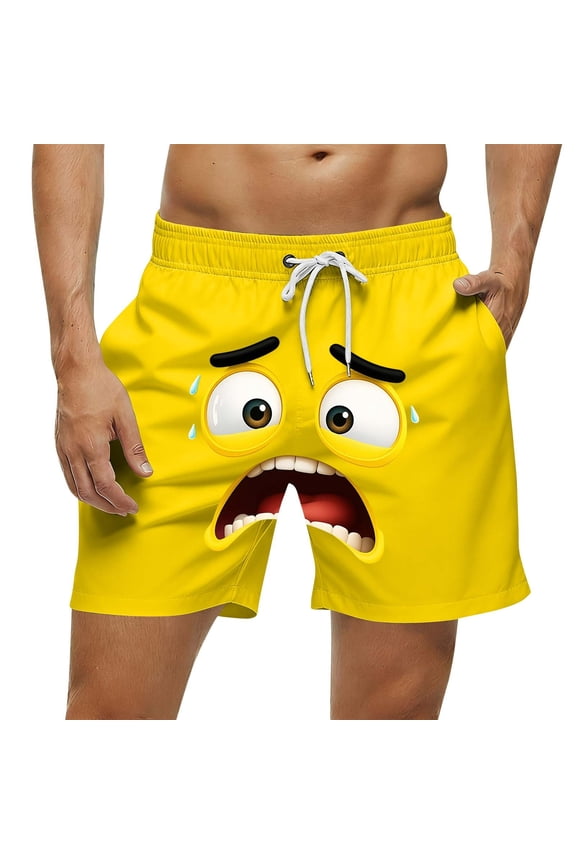 Mens Board Shorts Funny Face Frint Elastic Drawstring Waist Swim Trunk Summer Casual Beach Resort Stretch Bathing Suit