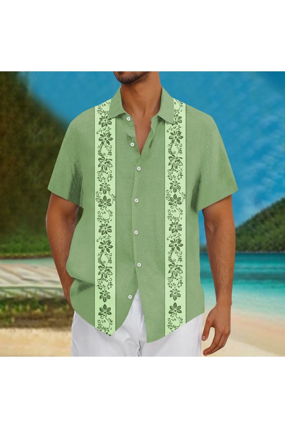 Mens Botanical Print Short Sleeve Shirt Tropical Leaf Floral Design Button Down Collar Lightweight Rayon Beach Summer Shirts