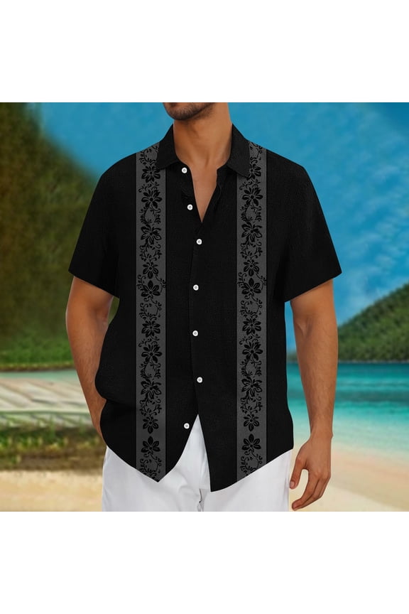 Mens Botanical Print Short Sleeve Shirt Tropical Leaf Floral Design Button Down Collar Lightweight Rayon Beach Summer Shirts