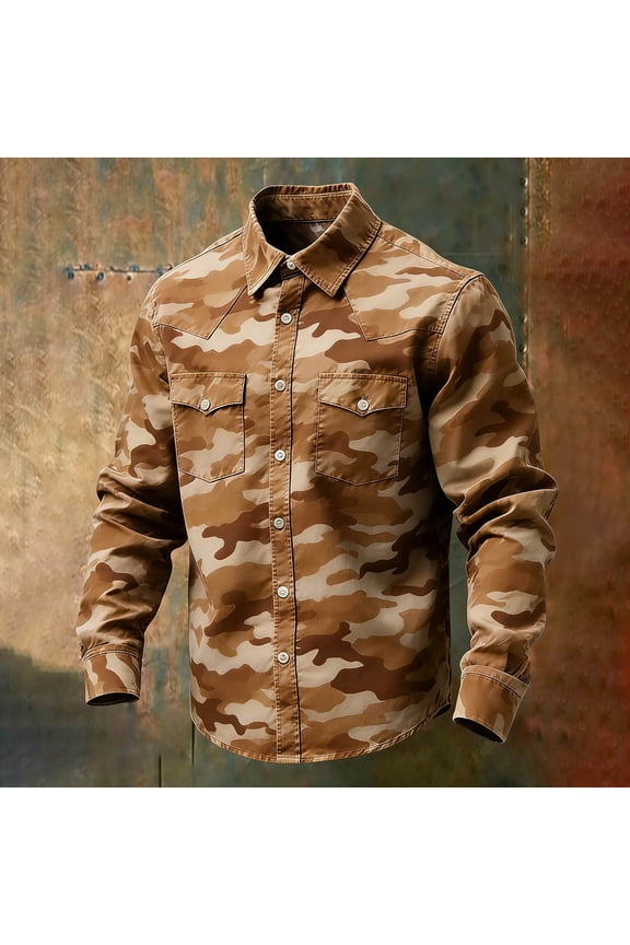 Mens Camouflage Shirt Camo Military Long Sleeve Tops Vintage Casual Button Down Shirts Hiking Fishing Camping Travel Work