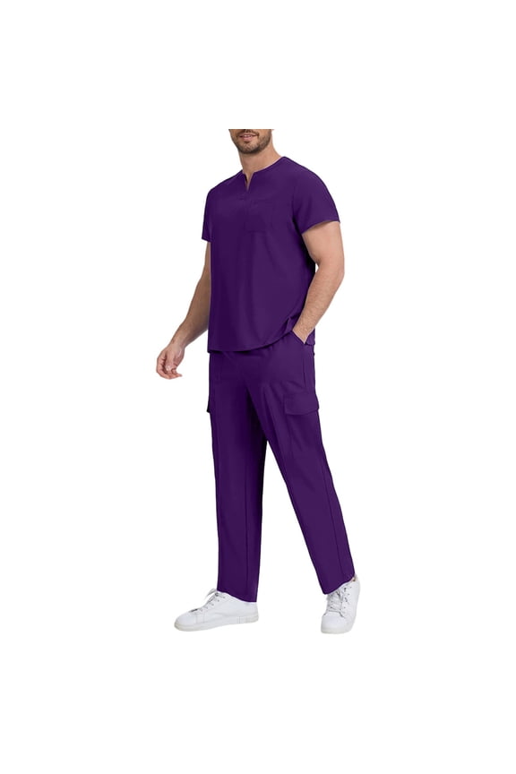 Mens Casual Outfits 2 Piece Set Short Sleeve Scrub Shirt V Neck and Uniform Pants Matching Sets Workwear