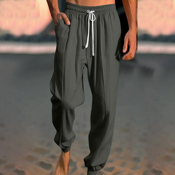 Yaoyar Mens Casual Pants Loose Fit Elastic Drawstring Waist Straight-Legs Summer Yoga Beach Long Pants(Gray,2XL)