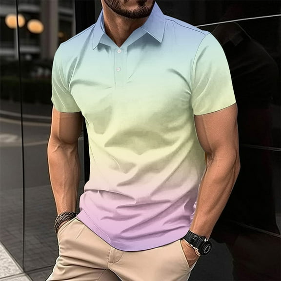 Yaoyar Mens Casual Shirt Gradient Print Button T-Shirt Short Sleeve Lapel Casual T-Shirt Fashion Tees Pullover Tops Henley Button Shirts Summer