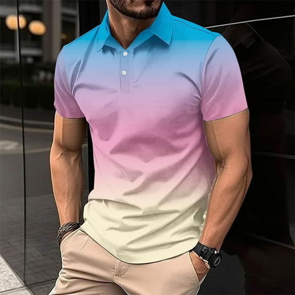 Yaoyar Mens Casual Shirt Gradient Print Button T-Shirt Short Sleeve Lapel Casual T-Shirt Fashion Tees Pullover Tops Henley Button Shirts Summer