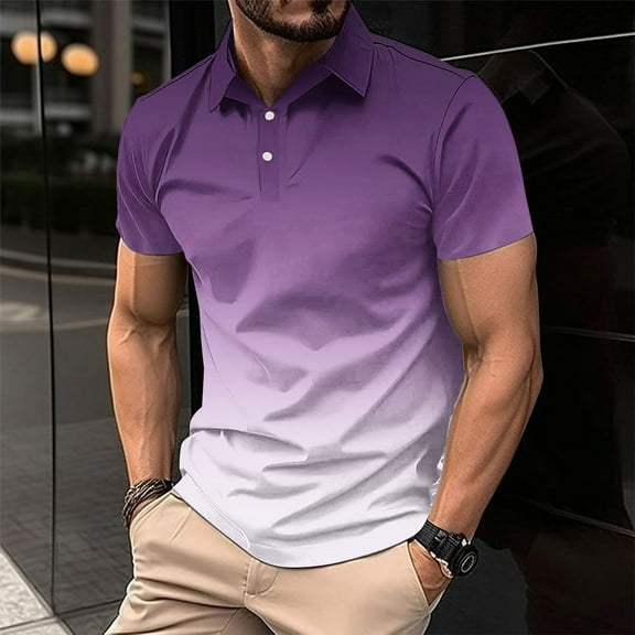 Yaoyar Mens Casual Shirt Gradient Print Button T-Shirt Short Sleeve Lapel Casual T-Shirt Fashion Tees Pullover Tops Henley Button Shirts Summer