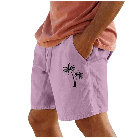 Yaoyar Mens Casual Shorts Elastic Waist Drawstring Shorts Summer Beach straight-leg sweatpants cotton-linen blend washed and wrinkled with pockets small coconut tree