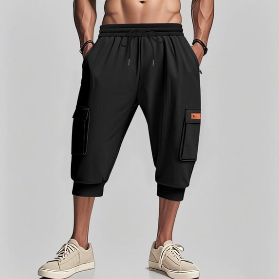 Yaoyar Mens Casual Shorts Summer Mid-waist Drawstring Pocket Solid Color Bunched Feet Outdoor Wear Athletic Short Pant Medium Trousers Shorts