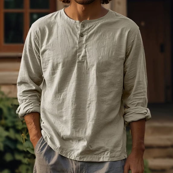 Yaoyar Mens Classic Basic Lightweight Tops Solid Color Long Sleeve Round Neck Button-Up Casual Fashion Henley Long Sleeve Shirts Casual Fashion Button T-Shirt
