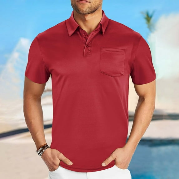Yaoyar Mens Collared T-Shirt Solid Color, Breathable, Sporty, Pocket, Button, Short-Sleeved, Collared Top Moisture Wicking Dry Fit Performance Daily Casual Stylish Collared Shirts