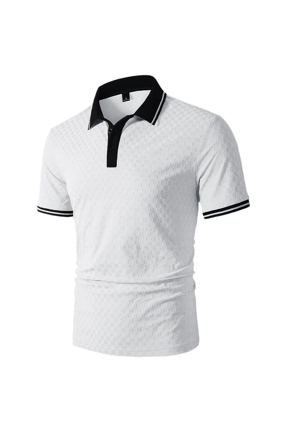 Mens Color Block Striped Short Sleeve Shirt Quarter Zip Front Casual Turn Down Collar Contemporary Design Sport Style Top