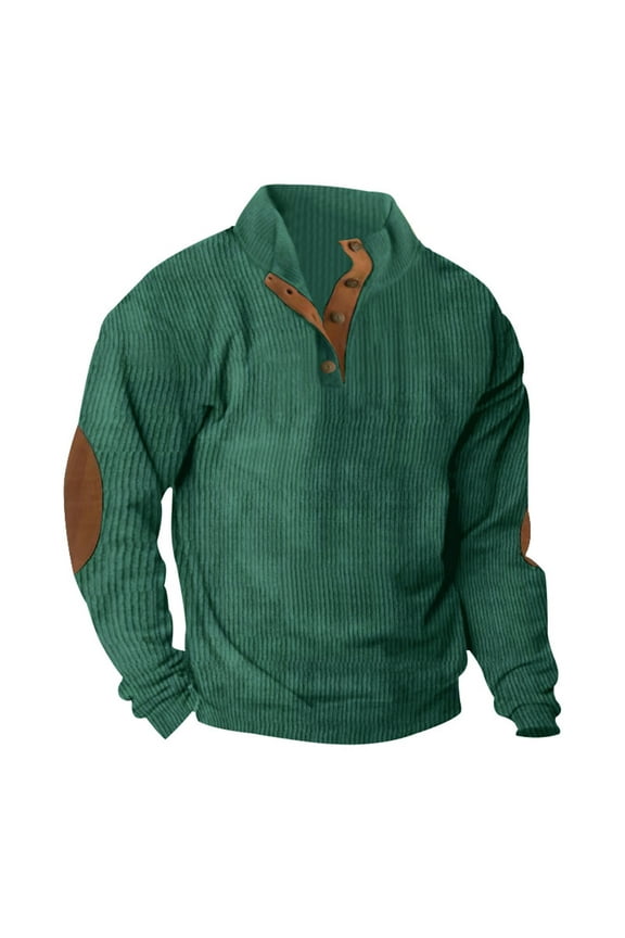 Mens Corduroy Shirt Lapel Collar Button Up Pullover Mock Neck Long Sleeve Sweaters Polo Sweatshirts with Elbow Patches