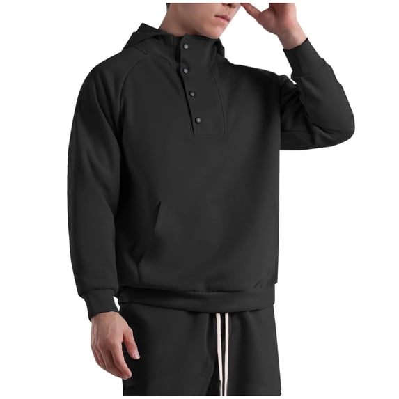 Yaoyar Mens Cotton Hooded Button Collar Losse Hoodies Pullover Sweatshirts Casual Long Sleeve Shirts with Pocket,Black,XL