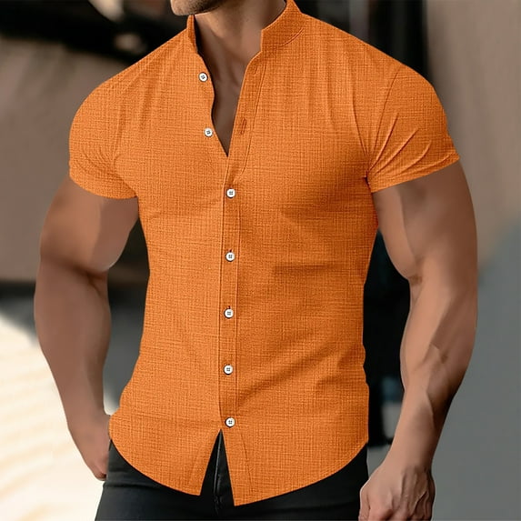 Yaoyar Mens Cotton Linen Shirts Casual Band Collar Short Sleeve Solid Color Button Down Summer Beach Basic Shirt Orange,2XL