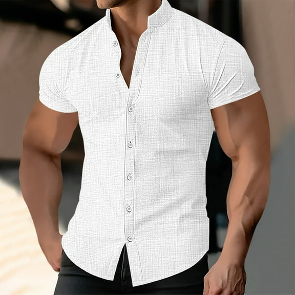 Yaoyar Mens Cotton Linen Shirts Casual Band Collar Short Sleeve Solid Color Button Down Summer Beach Basic Shirt White,XL