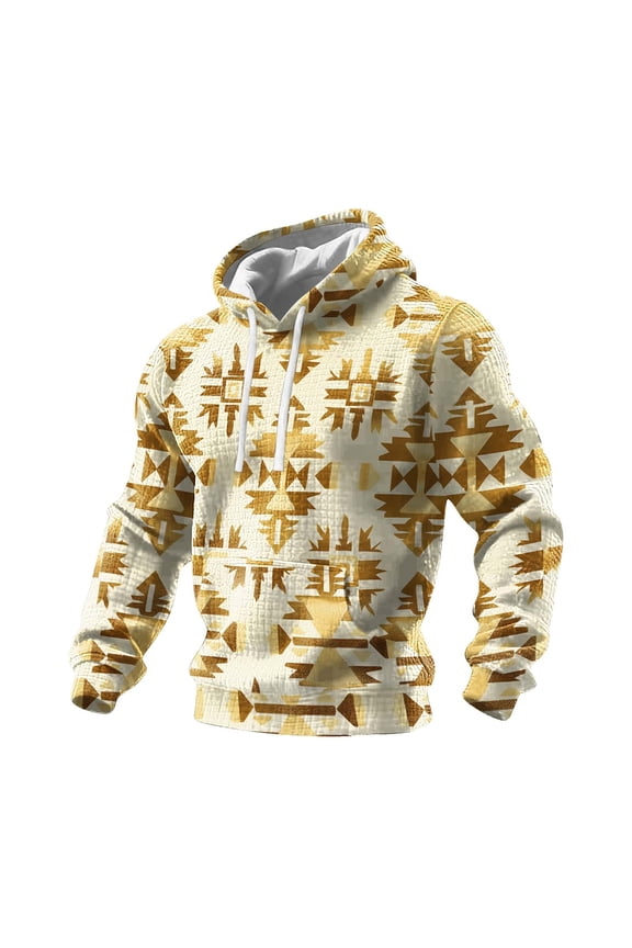 Mens Ethnic Pattern Hooded Pullover Cultural Print Design Round Neck Casual Comfort Sweatshirt Drawstring Hood