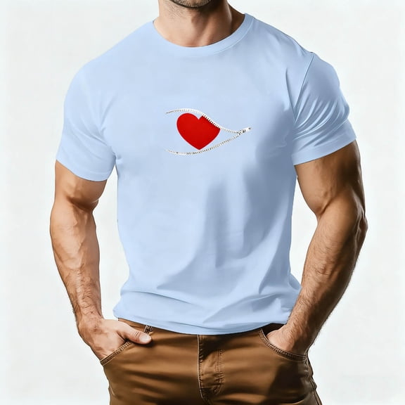 Yaoyar Mens Fashion Casual 2026 Valentine Day T Shirt Romantic Love Heart Print Tops Tunic Fit Fitness Short Sleeve Tshirts Lovely Round Neck Tee Top
