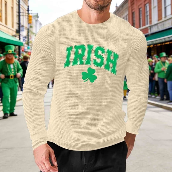 Yaoyar Mens Fashion Casual Loose Stretch Fitness Homewear St. Patrick'S Day Printed Waffle Knit Long Sleeve Crewneck T-Shirt