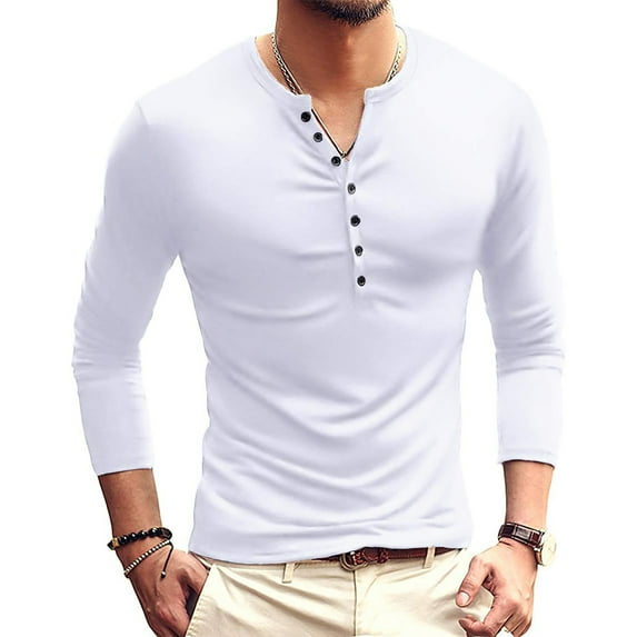 Yaoyar Mens Fashion Henley Shirts Long Sleeve Button Cotton T-Shirt Large Size Men's And Stretch T-shirts Long-sleeved Tops,White,S