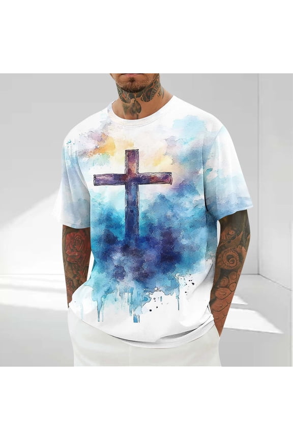 Mens Fashion Jesus Cross Print T-Shirt Short Sleeve Funny Graphic Tees Tops Christian Religious Bible T-Shirts
