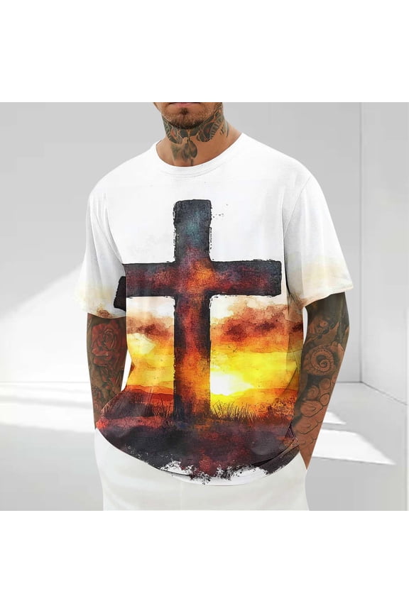 Mens Fashion Jesus Cross Print T-Shirt Short Sleeve Funny Graphic Tees Tops Christian Religious Bible T-Shirts