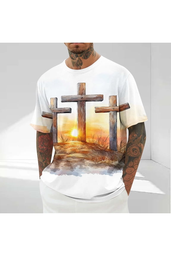 Mens Fashion Jesus Cross Print T-Shirt Short Sleeve Funny Graphic Tees Tops Christian Religious Bible T-Shirts