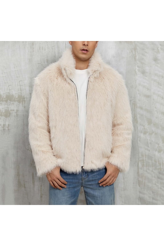 Mens Faux Fur Jacket Fluffy Furry Coats Lapel Collar Long Sleeve Outerwear Winter Warm Cardigans Outerwear