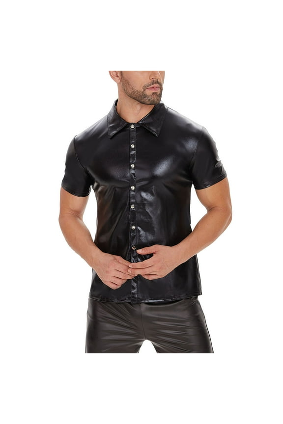 Mens Faux Leather Outerwear Top Short Sleeve Button Down Lapel Shirt Casual Fashion Solid Color Shirt