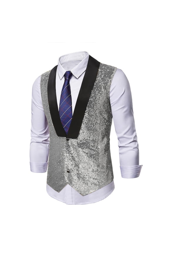 Mens Formal Suit Style Vest with Sequin Detail Single Button Evening Design Special Occasion Blazer Alternative V Neck Vest