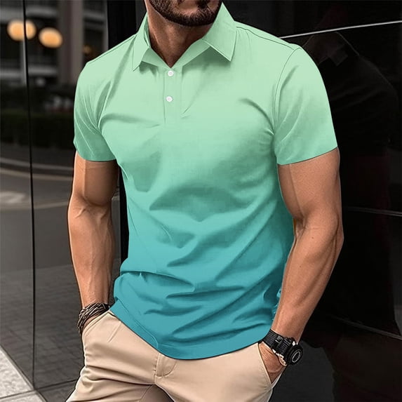 Yaoyar Mens Gradient Color Shirts for Mens Summer Short Sleeve Button Lapel Collar Casual Golf T Shirt Summer Stylish Versatile Tops,Mint Green,L