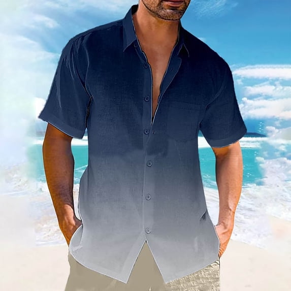 Yaoyar Mens Gradient Linen Shirts Casual Button Down Short Sleeve Beach Summer Shirts Dark Blue,L