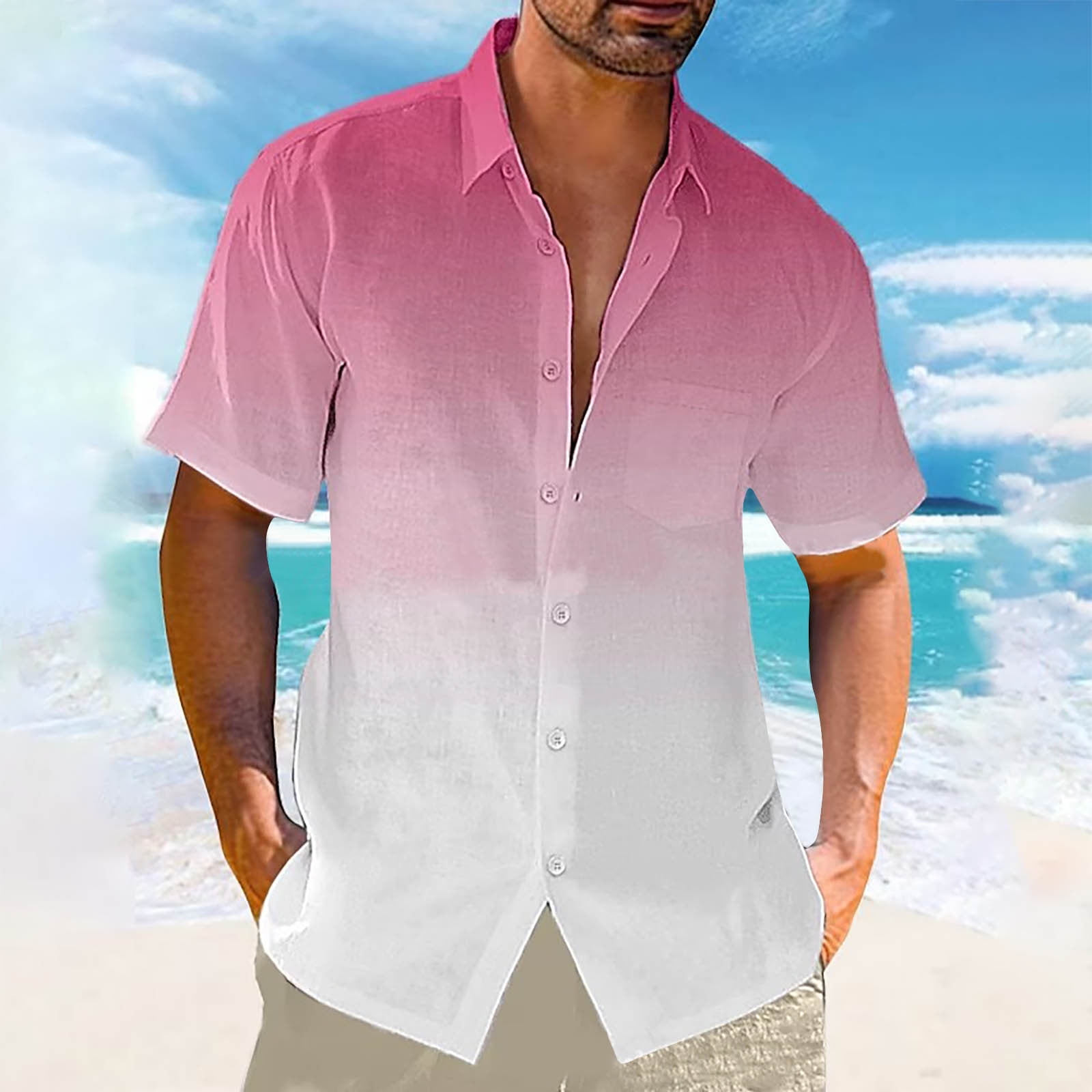 Yaoyar Mens Gradient Linen Shirts Casual Button Down Short Sleeve Beach ...